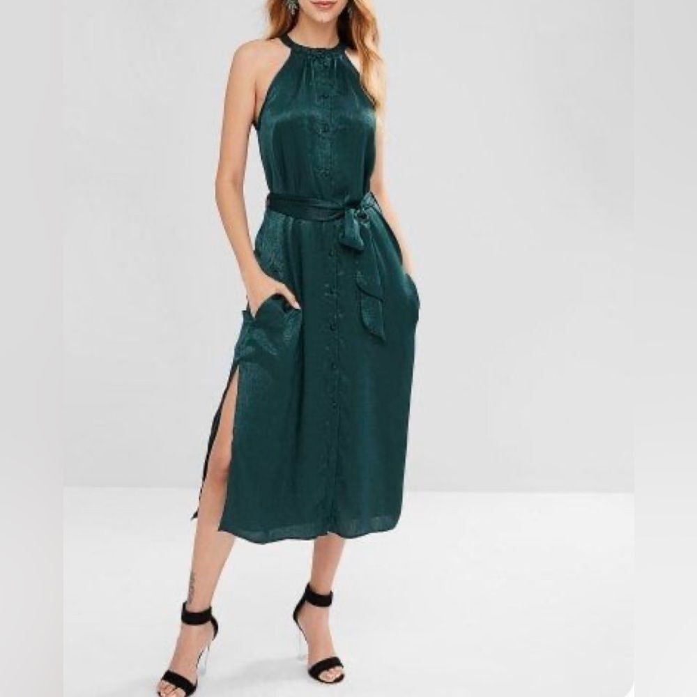 Zara hunter green shimmer satin halter neck button down midi dress size XS NWOT